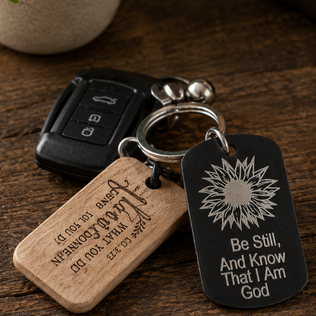 A personalized keychain set on a dark wooden tabletop, featuring a black metal dog tag engraved with 'Be Still, And Know That I Am God' and a light wood tag engraved with 'I Am Not My Enemy' and scripture. A black car key fob is also attached.