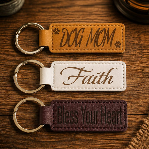 Three personalized leather keychains with metal key rings are arranged on a rustic wooden surface. The top keychain is tan with the words 'DOG MOM' and small paw prints; the middle is white with the word 'Faith' in cursive; the bottom is dark brown with the phrase 'Bless Your Heart' in dark lettering.